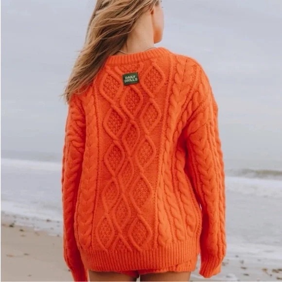 Daily Drills Oversized Cable Knit Sweater Pullover in Orange Tangerine Mandarin - Picture 3 of 6